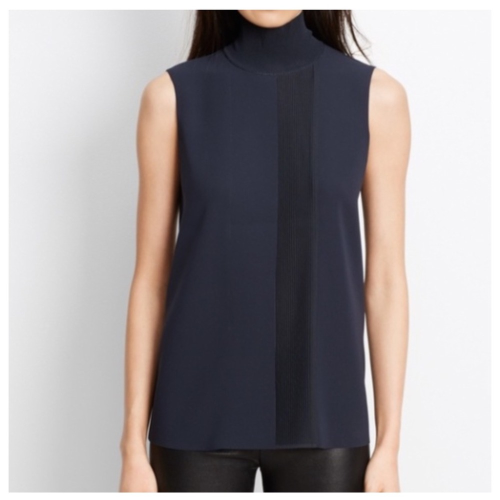 Vince‎ Sleeveless Lasercut Turtleneck Black Top M Zip Back Quiet Luxury